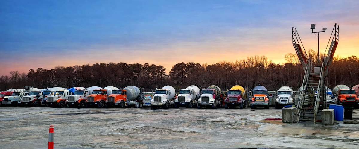 Ready mix concrete trucks lined up